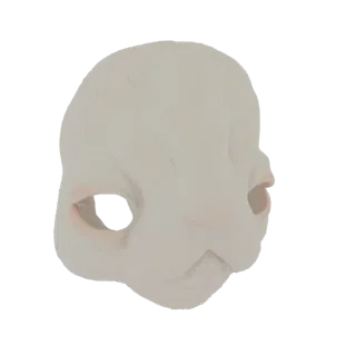 Ein 3D-Render einer unbemalten, hellbeigen Hasenmaske mit hohlen Augenhöhlen und einer weichen Schnauze, präsentiert auf weiß