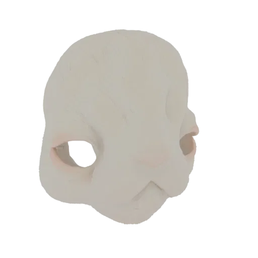 Un rendering 3D di una maschera di coniglio non dipinta, beige chiaro, con orbite cave e un muso morbido, presentato su sfond