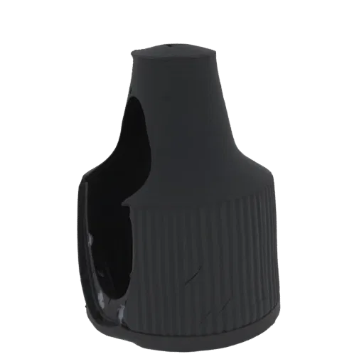 3D render of a broken black bottle cap with a serrated edge and a hollowed-out section, isolated on a white background.