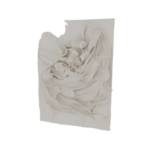 A 3D model rendering of a crumpled piece of light-colored fabric, showing detailed folds and shadows.