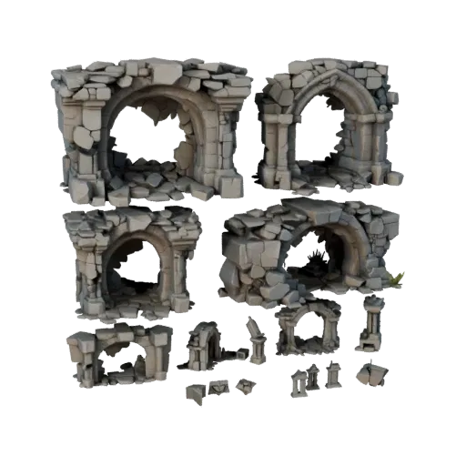Fantasy Dungeon Entrance Modular 3D model, isometric modular kit view, showing aged stone, built remnants.