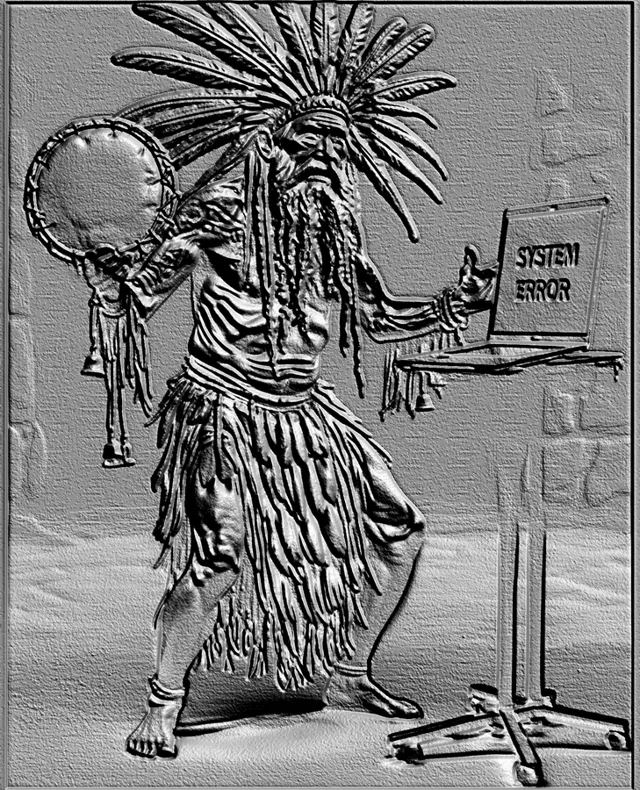 3D model of a shaman bas-relief in a feather headdress, holding a drum and a laptop with "SYSTEM ERROR" text