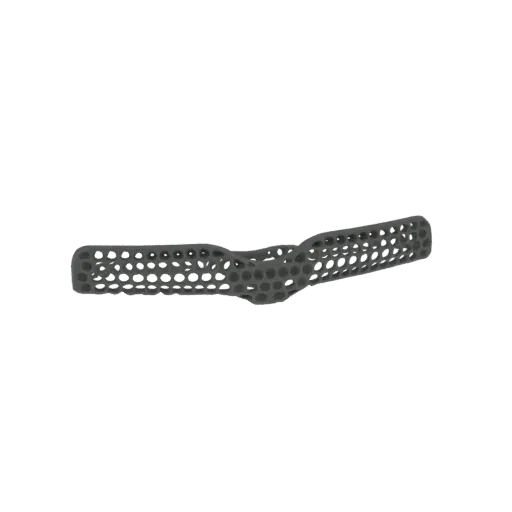 3D model of a curved brace with a detailed hexagonal lattice structure, presented on a white background.