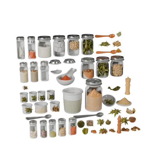 Fresh Herb Spice Jars 3D model, three-quarter front view, AR viewer studio render, showing powders, form detail.
