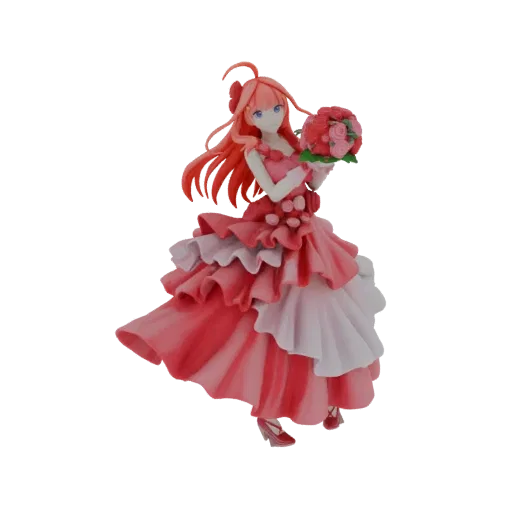 3D model of an anime girl with long, flowing red hair, wearing a detailed pink ruffled dress and holding a bouquet of roses.