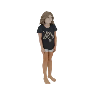 3D-Modell eines jungen Mädchens mit braunen Haaren, das ein schwarzes T-Shirt mit geometrischem Einhorn-Design und weiße Shor