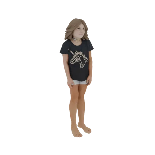 3D model of a young girl with brown hair, wearing a black t-shirt with a geometric unicorn design and white shorts, standing.