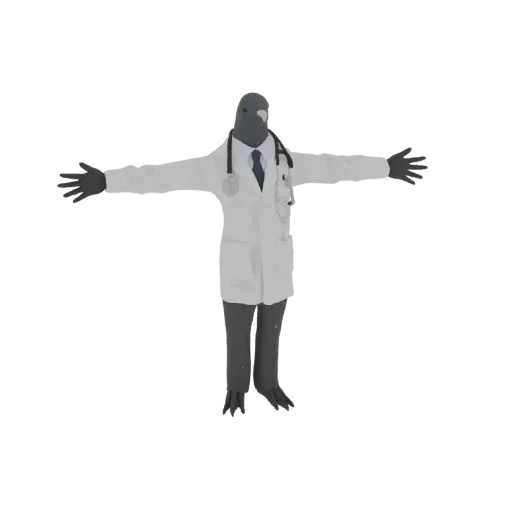 3D model of a pigeon wearing a doctor's lab coat and stethoscope, standing in a T-pose with arms outstretched.