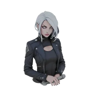Modelo 3D de busto de elfa cyberpunk, vestindo uma jaqueta de couro preta e olhando para frente com olhos brancos.