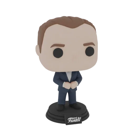 Modelo 3D de um homem estilizado de terno escuro, semelhante a uma figura Funko Pop, em pé sobre uma base preta com o logo 'F