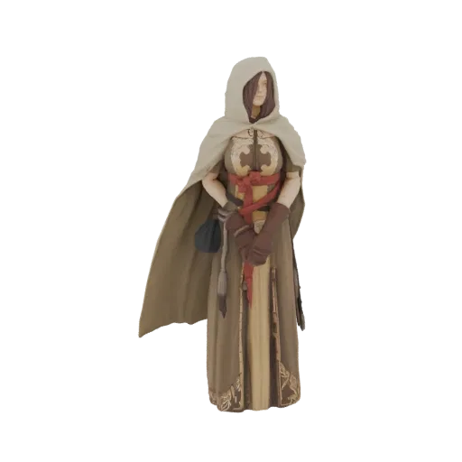 3D model of a mysterious hooded figure wearing a flowing cloak and red sash, with a detailed robe and gloves.