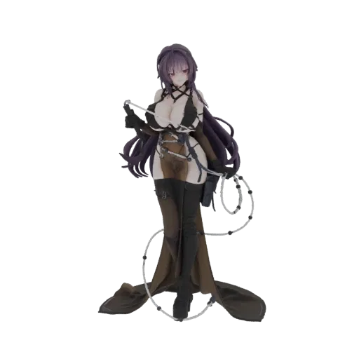 3D model of a dark sorceress with long purple hair, red eyes, wearing a revealing outfit and a flowing dark gown, holding a w