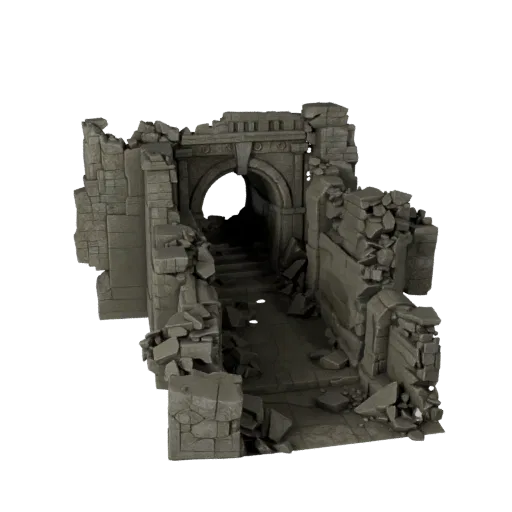 Collapsed Dungeon Corridor Realistic 3D model, three-quarter environment render, showing aged stone, built remnants.