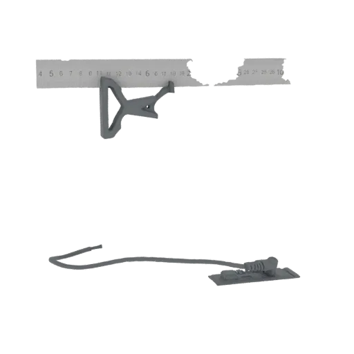 3D model render of a gray clip attached to a ruler, with a separate gray cord and base.
