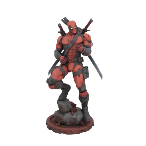 3D model of Deadpool in a dynamic action pose, holding a katana, with katanas on his back, standing on a rubble base.