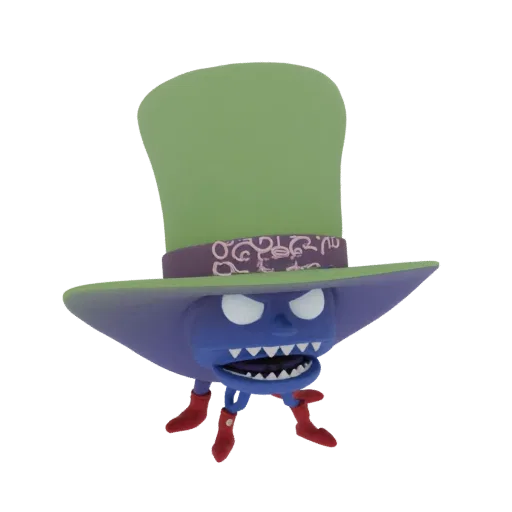 3D model of a Mad Hatter Monster with a purple body, sharp teeth, and a tall green top hat, standing on red boots.