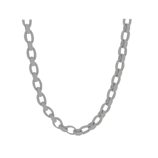 A 3D render of a silver chain necklace against a black background, showing its intricate links and elegant drape.