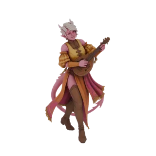 3D model of a Tiefling bard with white hair and pink skin, wearing a yellow and orange outfit, playing a mandolin.
