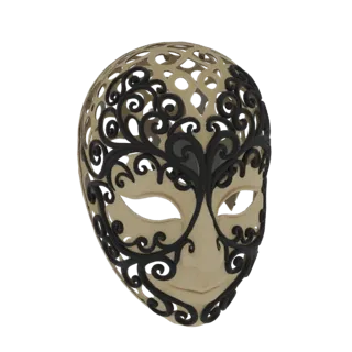 3D model of an ornate Venetian masquerade mask with black filigree on a cream base, displayed against a white background.