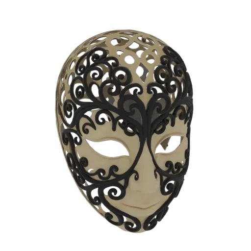 3D-Modell einer verzierten venezianischen Maskenball-Maske mit schwarzer Filigranarbeit auf cremefarbener Basis, vor weißem H