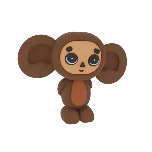 Modelo 3D de Cheburashka, um pequeno personagem de desenho animado marrom parecido com um urso com orelhas grandes e redondas