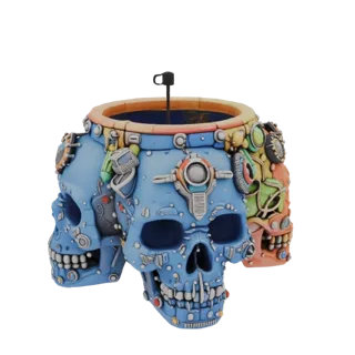 Modèle 3D cache-pot crâne steampunk avec détails bleus, jaunes, verts et oranges, éléments mécaniques et base plate.