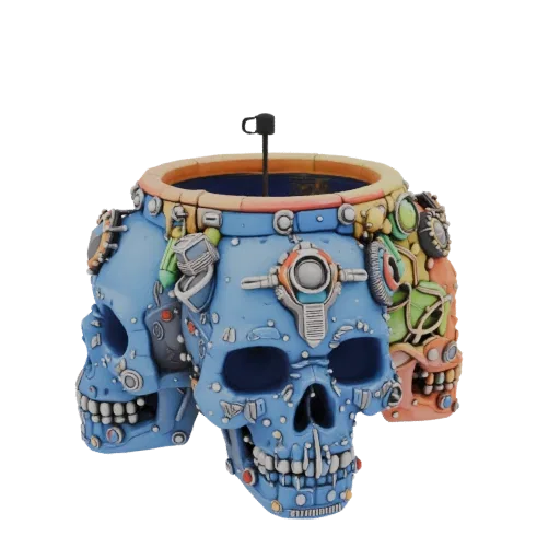 Modèle 3D cache-pot crâne steampunk avec détails bleus, jaunes, verts et oranges, éléments mécaniques et base plate.