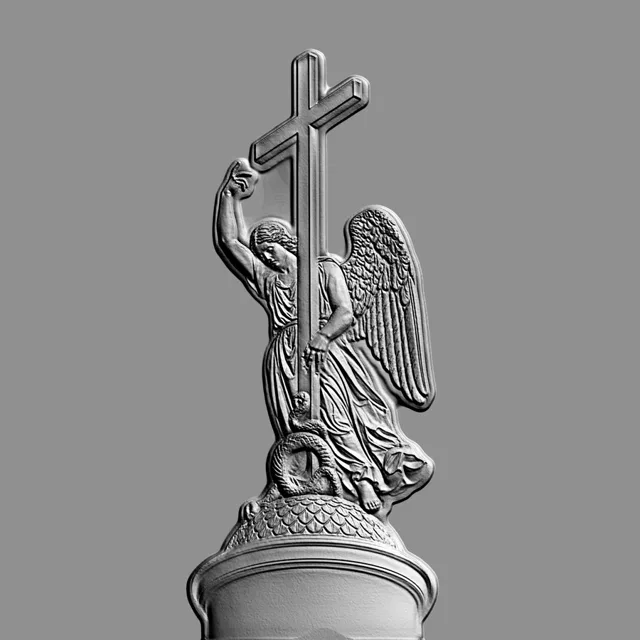 Modelo 3D de bajorrelieve de ángel sosteniendo una cruz y pisoteando una serpiente, sobre fondo gris