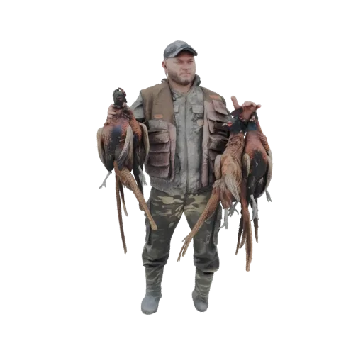 Modelo 3D de un cazador con camuflaje y chaleco, sosteniendo tres faisanes.