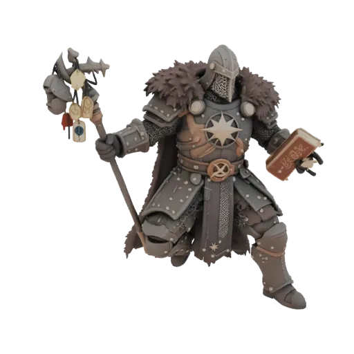 Modelo 3D de mago guerreiro em armadura pesada, segurando um cajado com amuletos e um livro de feitiços.