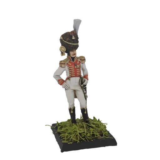 Modello 3D di un ufficiale ussaro francese in uniforme bianca con finiture rosse, che indossa un alto cappello di pelliccia c