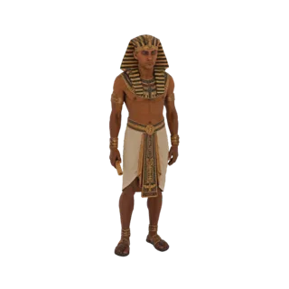 3D model of Pharaoh Tutankhamun wearing a nemes headdress and royal attire, holding a scroll.