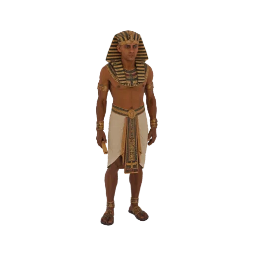 3D model of Pharaoh Tutankhamun wearing a nemes headdress and royal attire, holding a scroll.