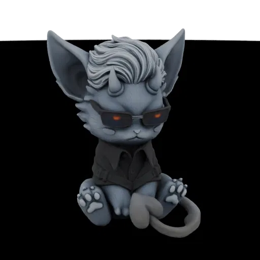3D model of a grey cat-like demon with horns, sunglasses, and a black shirt, sitting with its tail curled.