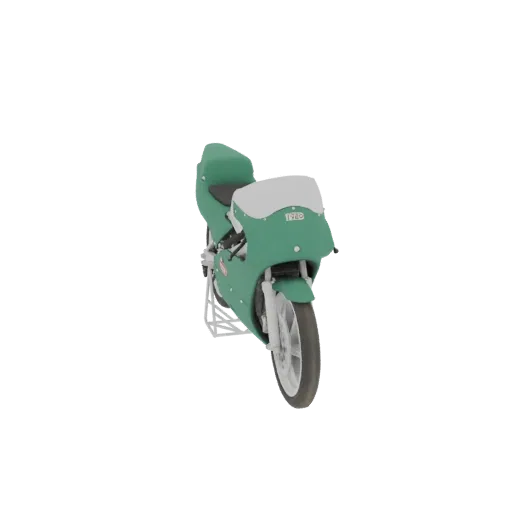 A 3D render of a vintage green sportbike on a white stand, viewed from a slight front-right angle.