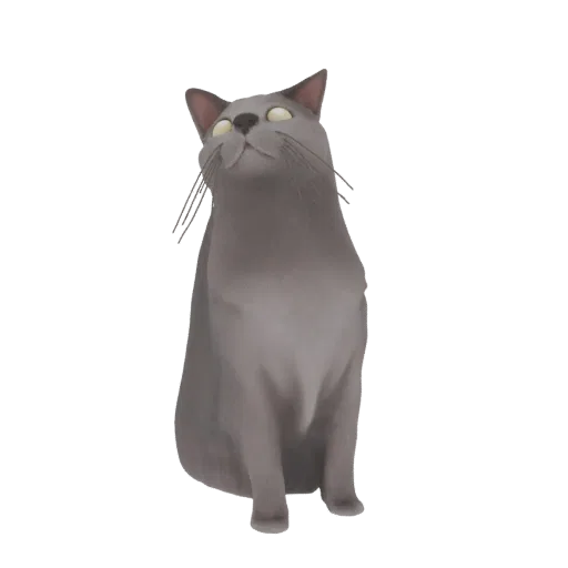 Stylized 3D model of a gray cat sitting and looking upwards with large, luminous eyes and delicate whiskers.