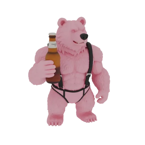 Renderização 3D de um personagem de urso rosa e musculoso usando suspensórios pretos e cueca rosa, segurando uma garrafa de c