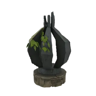 Modèle 3D d'un monument ancien en pierre patiné avec du lierre vert poussant autour, sur fond noir.