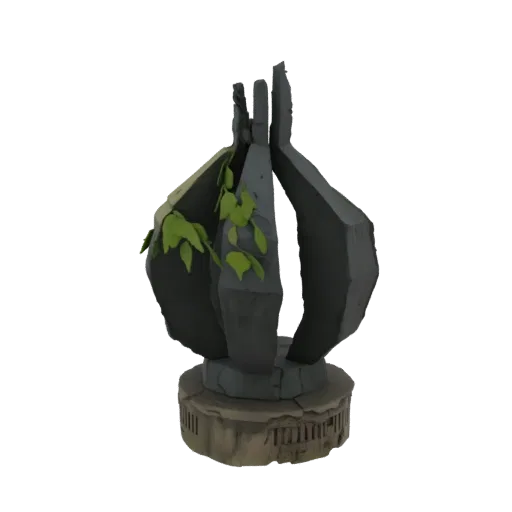 3D model of a weathered, ancient stone monument with green vines growing around it, set against a black background.