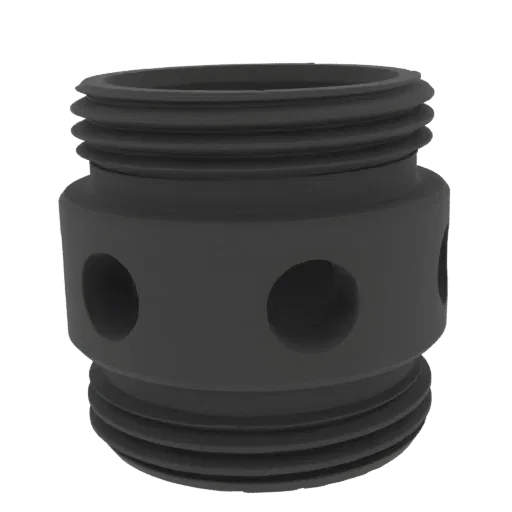 3D model of a dark gray threaded adapter with multiple circular holes around its cylindrical body and screw threads on both e