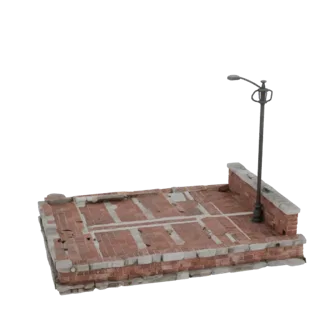 Modello 3D di una piattaforma in mattoni in rovina con lampione stradale, realizzato in stile realistico.