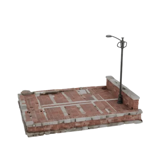 3D model of a ruined brick platform with a street lantern, rendered in a realistic style.