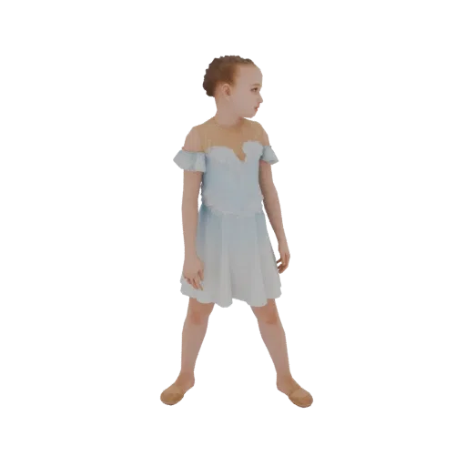 3D model of a young girl dressed as a ballerina, wearing a light blue tutu and looking to the side.