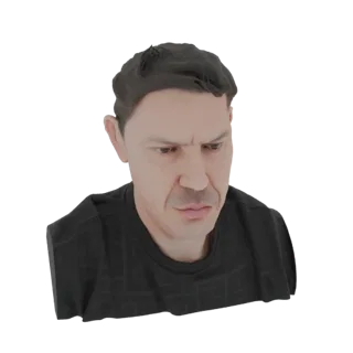 3D model render of a man with dark hair and a concerned expression, wearing a black t-shirt.