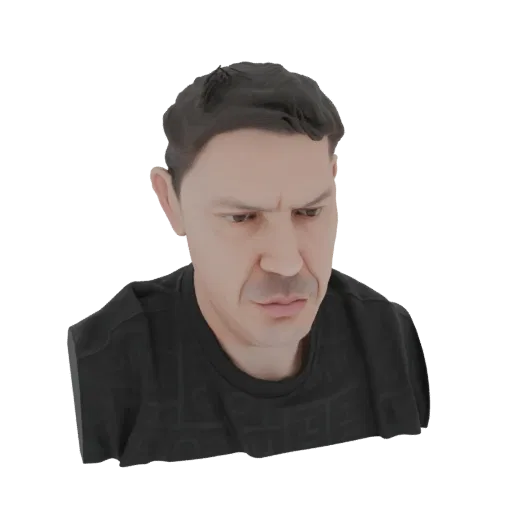 3D model render of a man with dark hair and a concerned expression, wearing a black t-shirt.