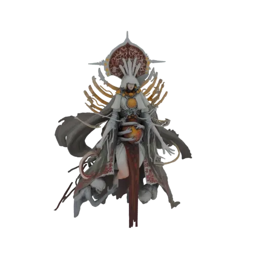3D model of an ethereal oracle figure with a white robe, intricate headdress, and holding a glowing orange orb.