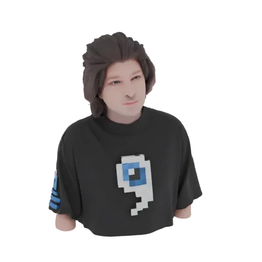 3D model of a black t-shirt with a pixelated blue and white eye graphic on the front.