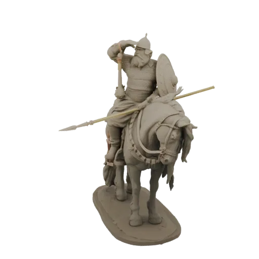 3D model of a medieval knight in chainmail armor, riding a horse and holding a spear, presented on a neutral background.