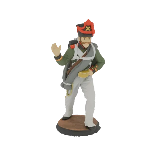 3D model of a French Imperial Guard drummer in a green uniform, white breeches, and red-plumed shako, holding a drum.