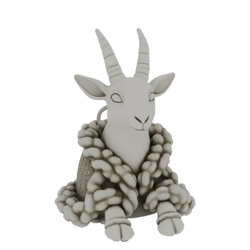 Modèle 3D d'une chèvre mignonne portant une écharpe tricotée épaisse, avec les yeux fermés dans une expression paisible.